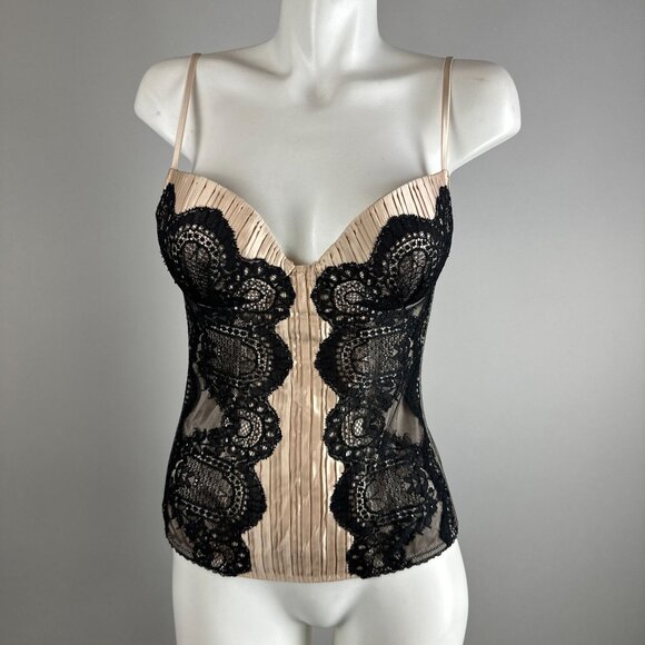 Vtg Y2K La Perla Beige Satin Pleated Black Lace Sexy Corset Bra Bralette Size 36
